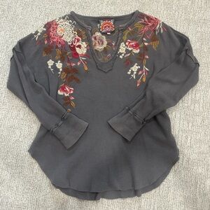 Johnny Was Charcoal Gray Long Sleeve with Multicolor Floral Embroidery